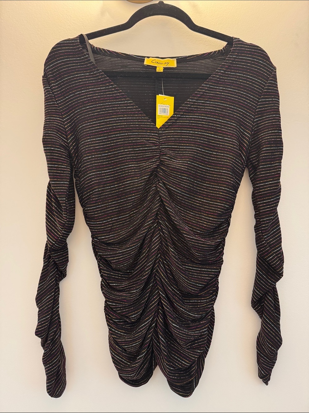 Women's Black Multicolor Stripe Ruched Long Sleeve Tee